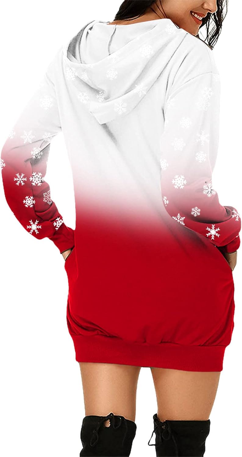 C'est TT Weihnachtskleid Damen Hoodie Langarm Hoodie Kleid Sweatkleid Long Kapuzen Sweatshirt Kleide