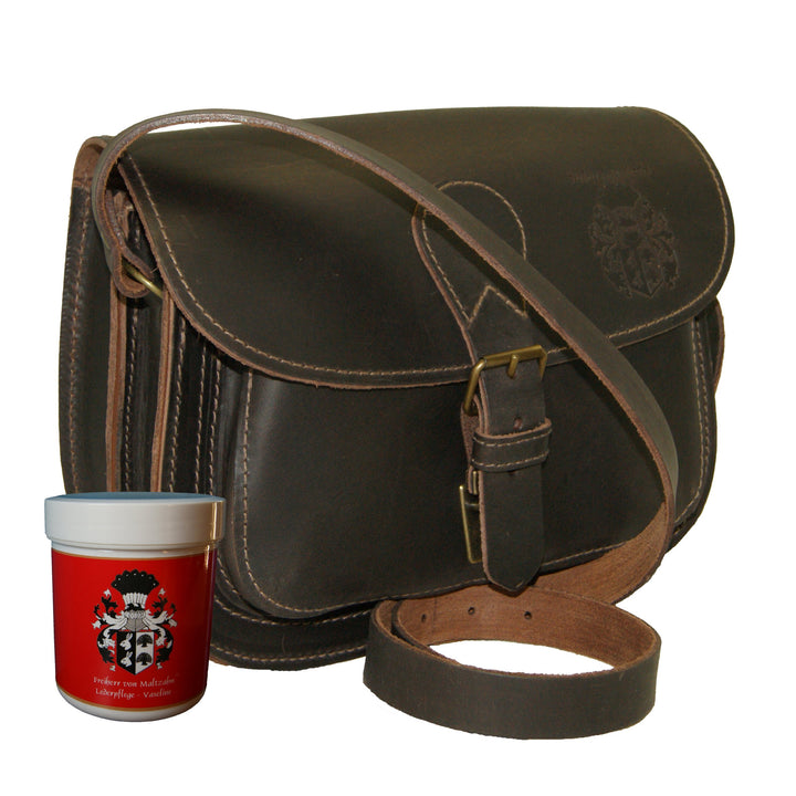 Freiherr von Maltzahn Jagdtasche HUBERTUS für iPad aus braunem Bio-Leder, Made in Germany, inkl. Led