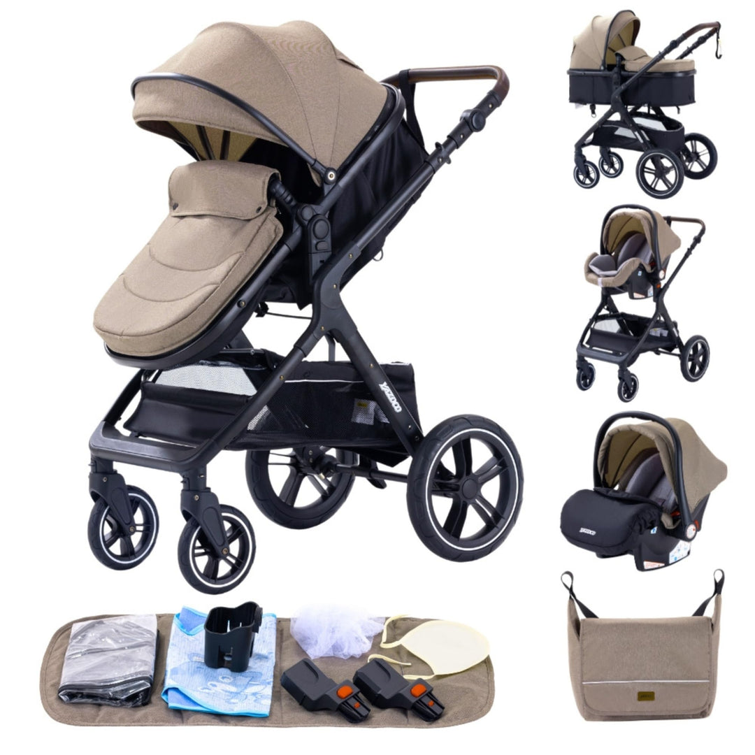 GLOKID Kinderwagen 3 in 1,Reisesysteme, Babywanne Buggy,Voll-Gummireifen,Mit Einem Klick Zusammenkla