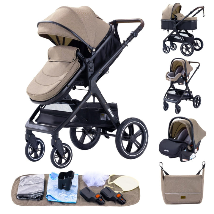 GLOKID Kinderwagen 3 in 1,Reisesysteme, Babywanne Buggy,Voll-Gummireifen,Mit Einem Klick Zusammenkla