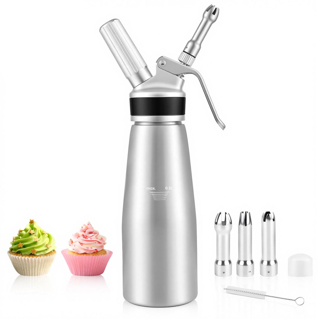 500ml Sahnespender, Sahnesyphon Aluminium, mit 3 Edelstahl Deko-Düsen (Lotus, Stern, Kreuz) & Reinig