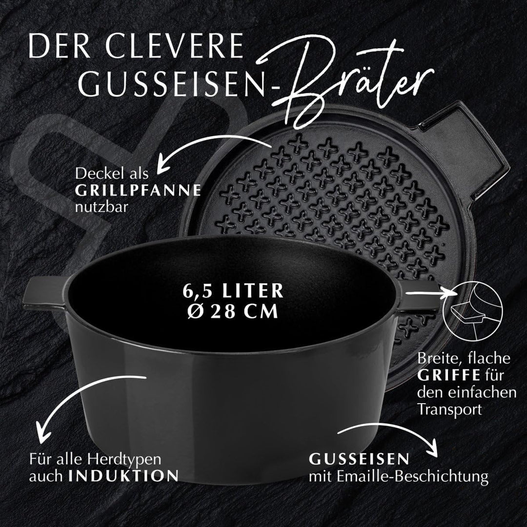 Stanley Rogers Cocotte runder Gusseisen Bräter emailliert 6,5l 28cm schwarz I Praktische Grillpfanne