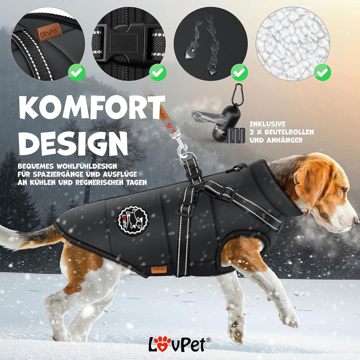LOVPET® Hundejacke Hundemantel mit Geschirr, inkl. 45 Stück Kotbeutel + Spender, Hunde Winterweste g