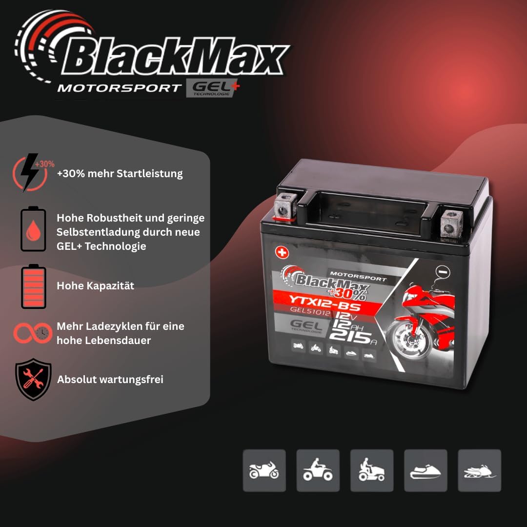 BlackMax YTX12-BS Motorradbatterie GEL 12V 12Ah CTX12-BS Batterie 51012 Quad 12Ah - 215A - YTX12-BS,