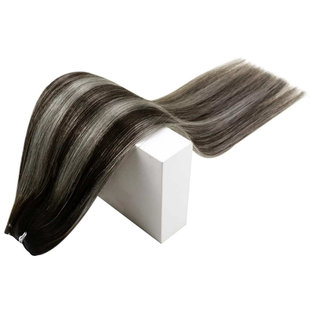 RUNATURE Balayage Echthaar Tressen Schwarz Silber 50cm 100g Sew in Haarverlängerung Remy Menschliche
