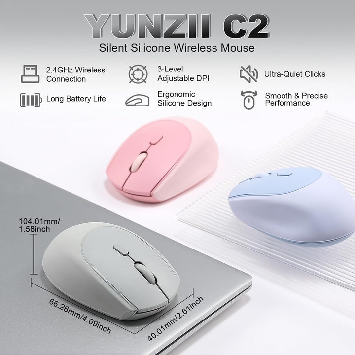 YUNZII C2 Drahtlose Maus, 2,4 GHz Silikon-Lautlose Funkmaus, 3 Verstellbare DPI, 1600 DPI Tracking,