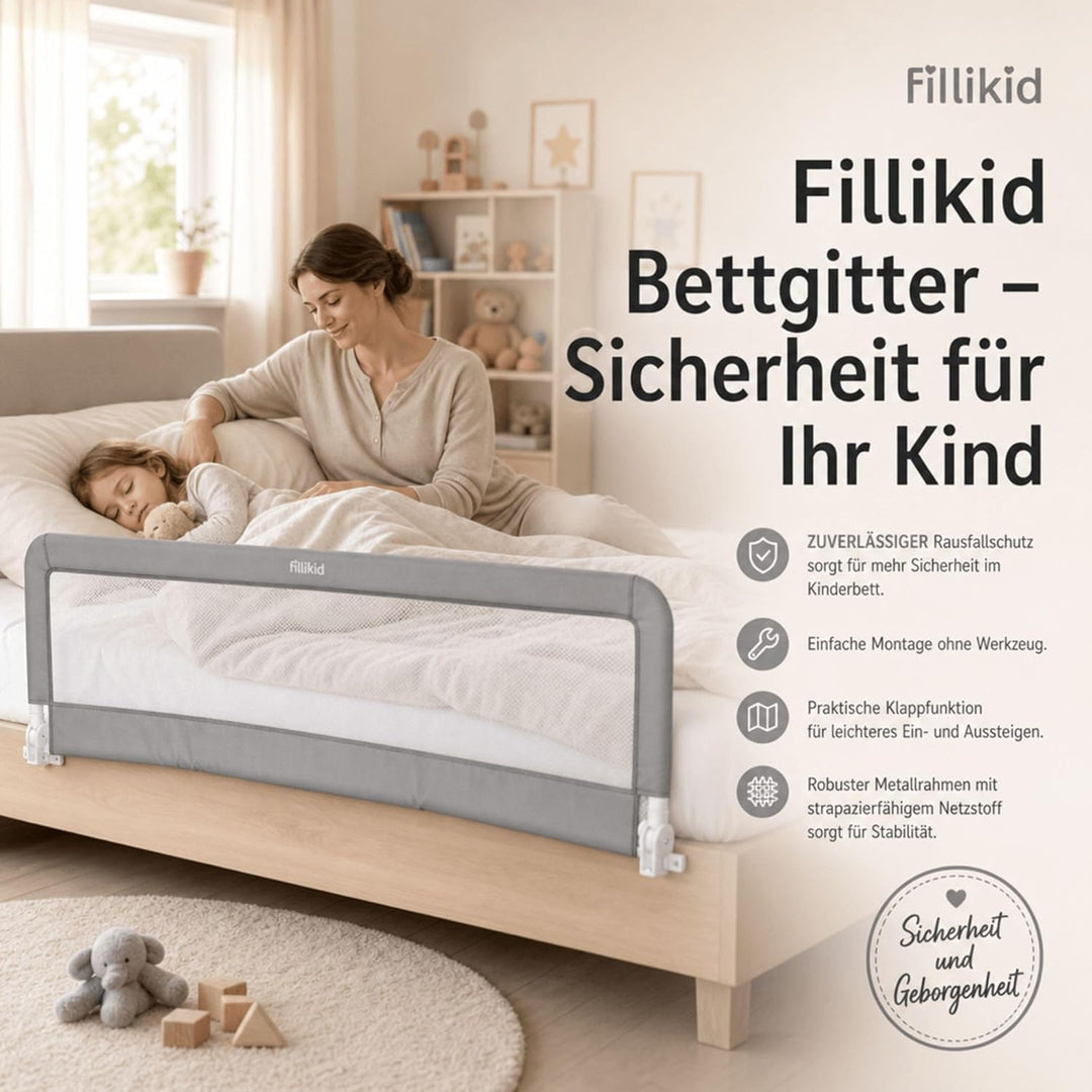 Fillikid Bettgitter für Standardbetten grau, Bettschutzgitter 150cm x 50cm, 100cm x 50cm, Kinderbett