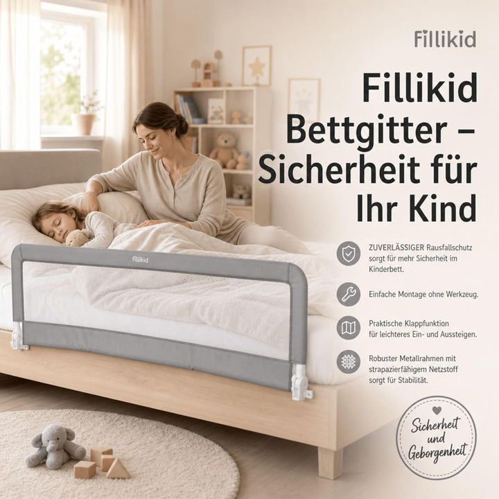 Fillikid Bettgitter für Standardbetten grau, Bettschutzgitter 150cm x 50cm, 100cm x 50cm, Kinderbett
