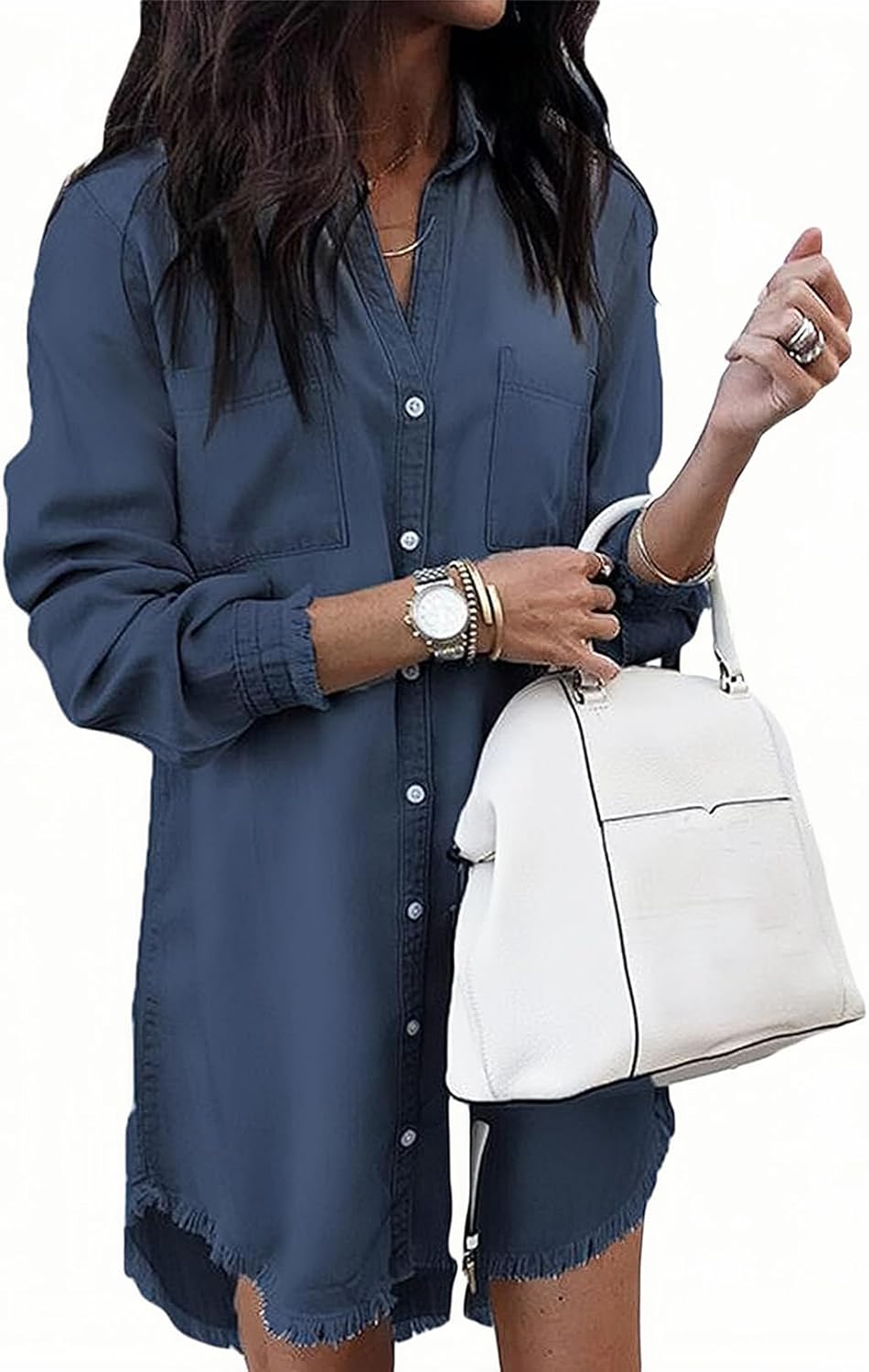 Zilcremo Damen V-Ausschnitt Blusenkleid Hemdkleid Jeanskleider Langarm Knopf Runter Shirtkleid Tunik