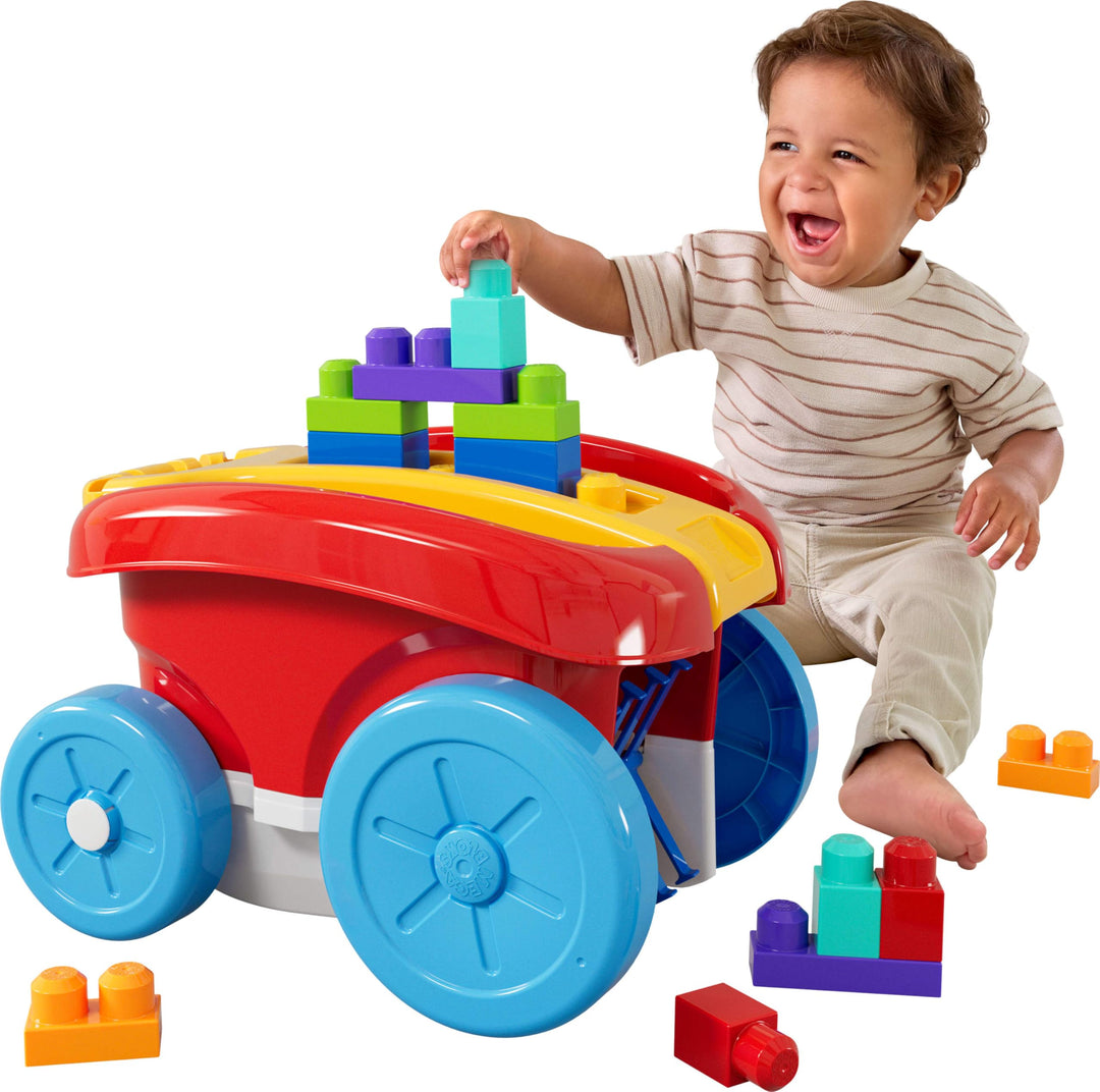 MEGA BLOKS Spielbausteine für Kleinkinder, Baustein-Ziehwagen mit 20 Teilen und integriertem Staufac