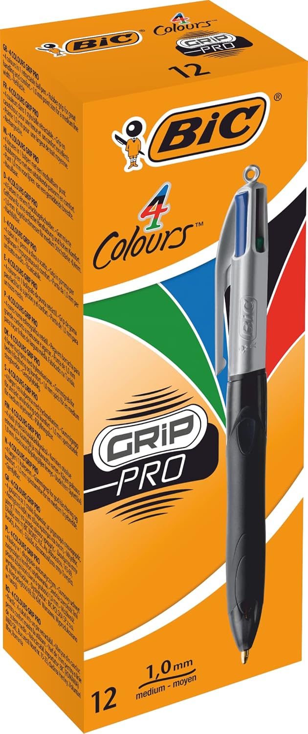 BIC 4 Farben Kugelschreiber Set 4 Colours Grip Pro, mit gummierter Griff-Fläche, 12er Pack, Ideal fü