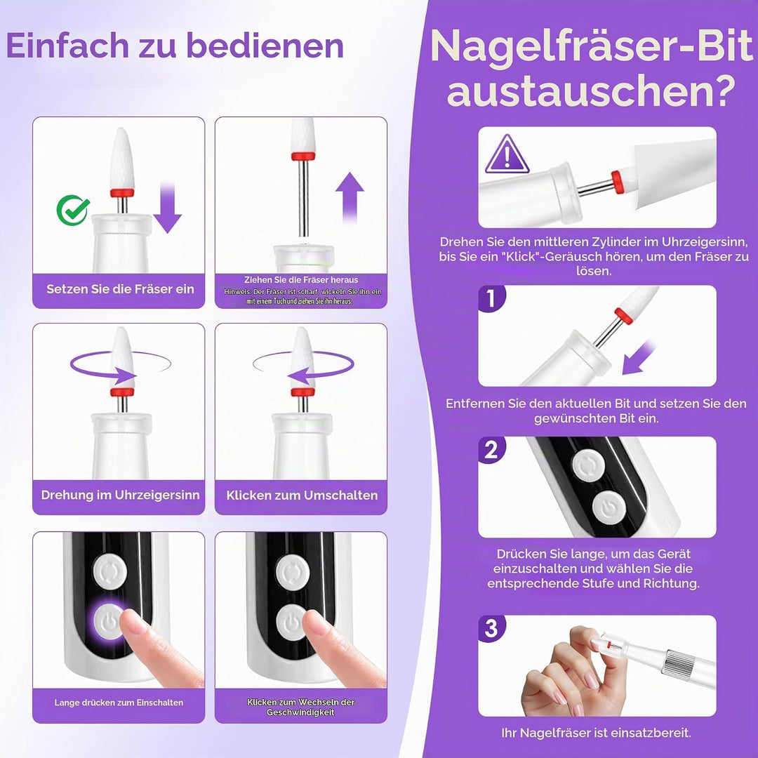 Kabellos Tragbar Nagelfräser,12 in 1 Elektrische Nagelfeile Maniküre Pediküreset mit Ladestation&amp;Nag