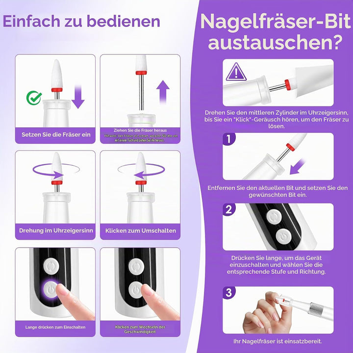 Kabellos Tragbar Nagelfräser,12 in 1 Elektrische Nagelfeile Maniküre Pediküreset mit Ladestation&amp;Nag