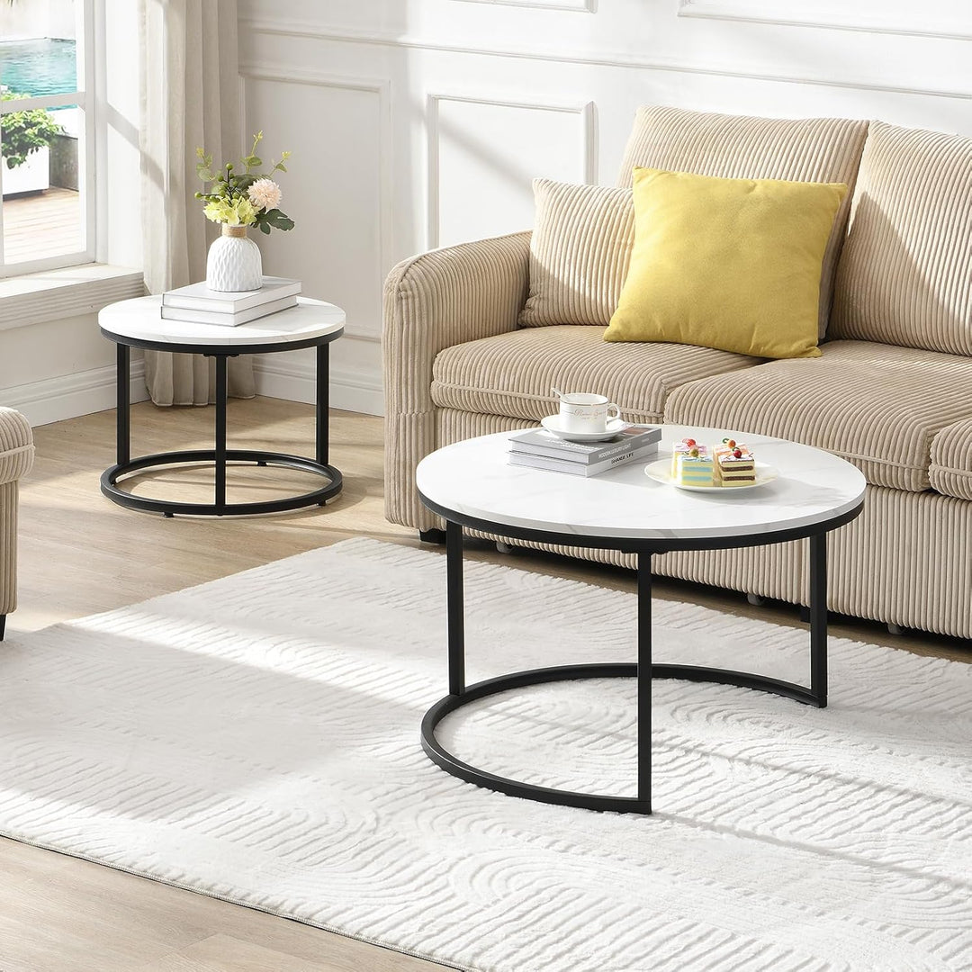 Couchtisch 2er Set, Moderne Couch Tisch mit Schwarz Metallgestell, Couchtisch Eiche, Couchtische Run