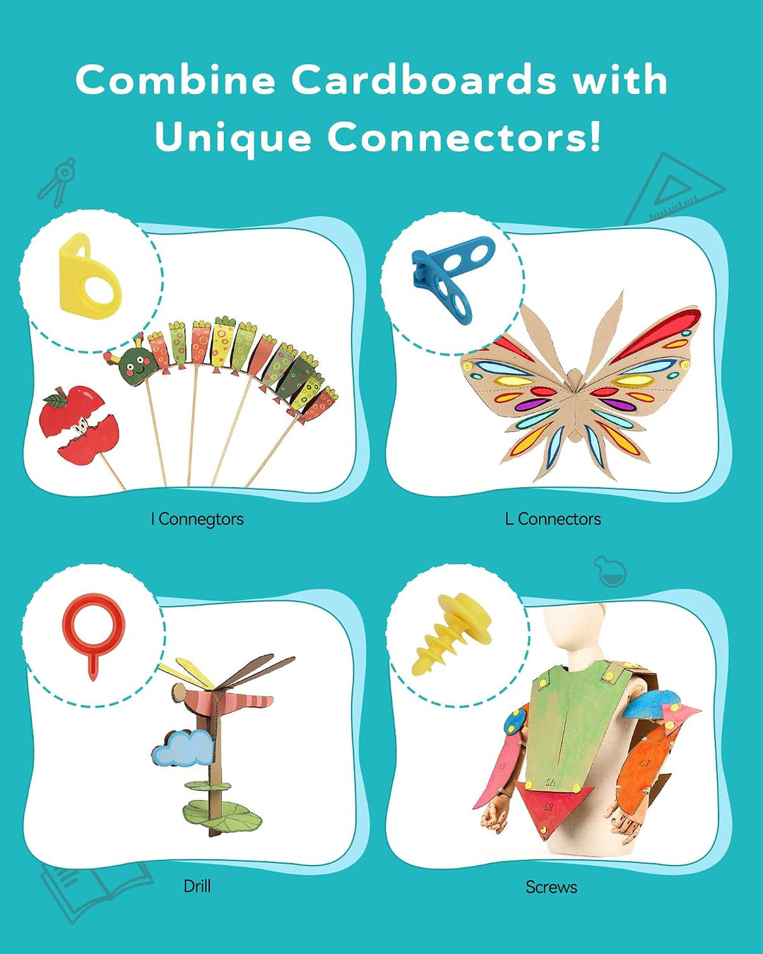 Karton-Baukasten mit Werkzeugen für Kinder 42PCS– 3D Bastelset mit Sicherheitsringen – Kreatives STE