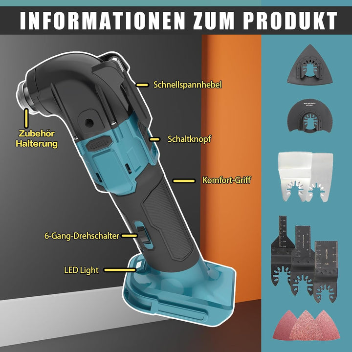 Akku Multifunktionswerkzeug, mit 2x1500mAh Akku, 300W Oszillationssäge Bürstenloser, 4°Oszillationsw