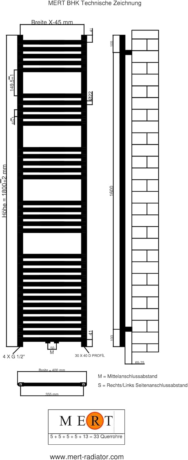 Badheizkörper Handtuchheizkörper mit Mittelanschluss weiss gerade 400x1800 mm Stahl 40x180, Stahl 40