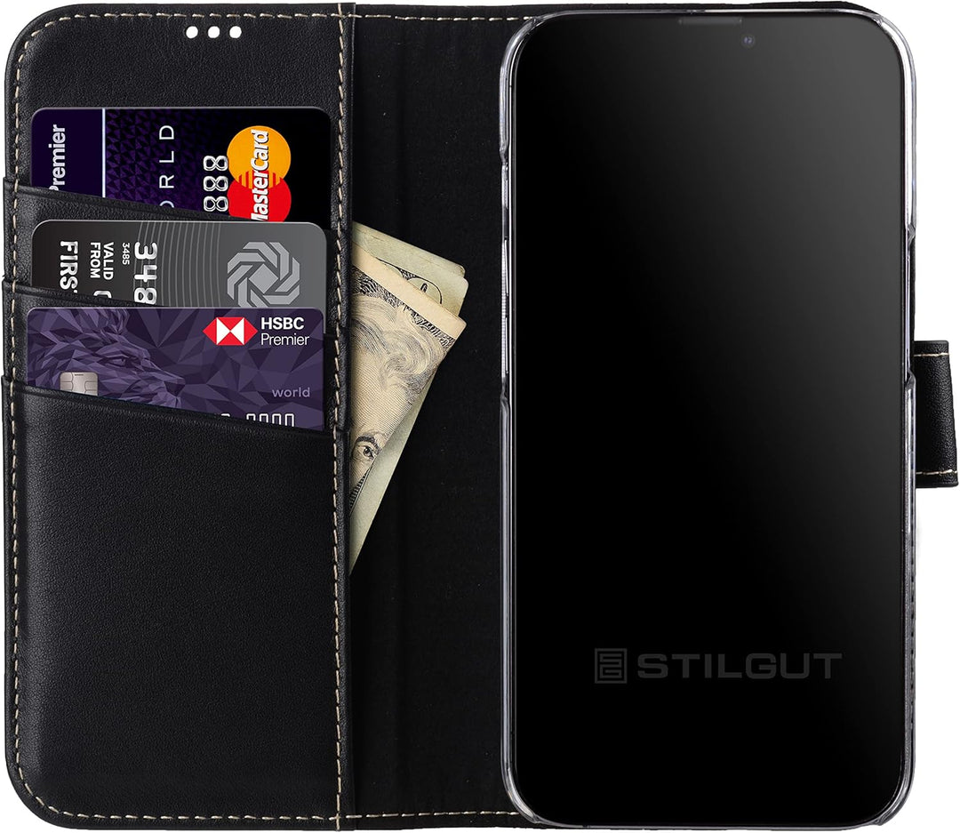 STILGUT Talis kompatibel mit iPhone 13 Pro Max (6.7“) Hülle mit Kartenfach aus Leder, Flip Cover, Wa