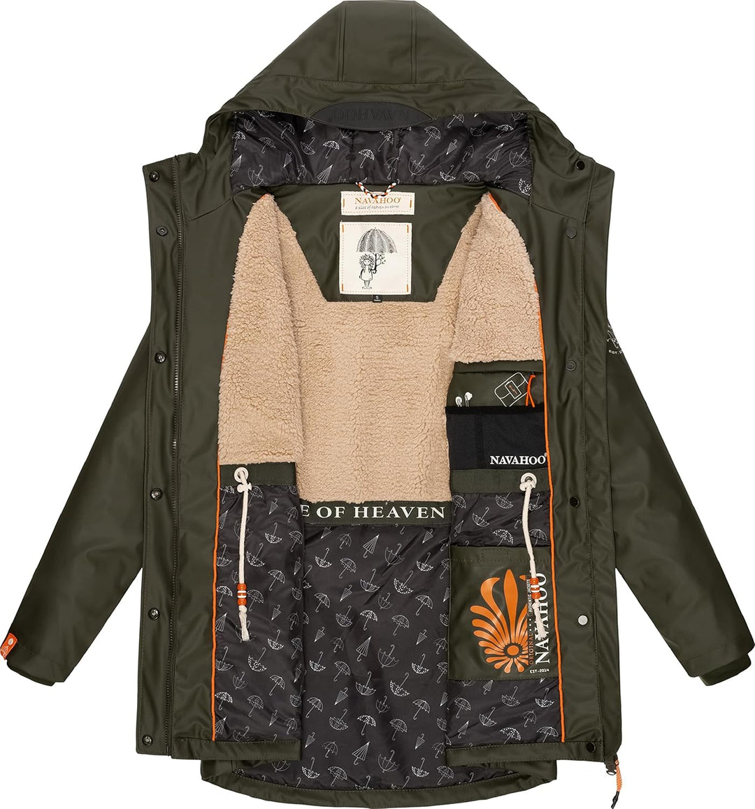 Navahoo Damen Übergangsjacke Regenmantel wasserdicht lang warm gefüttert mit Kapuze Rainy Forest XS-