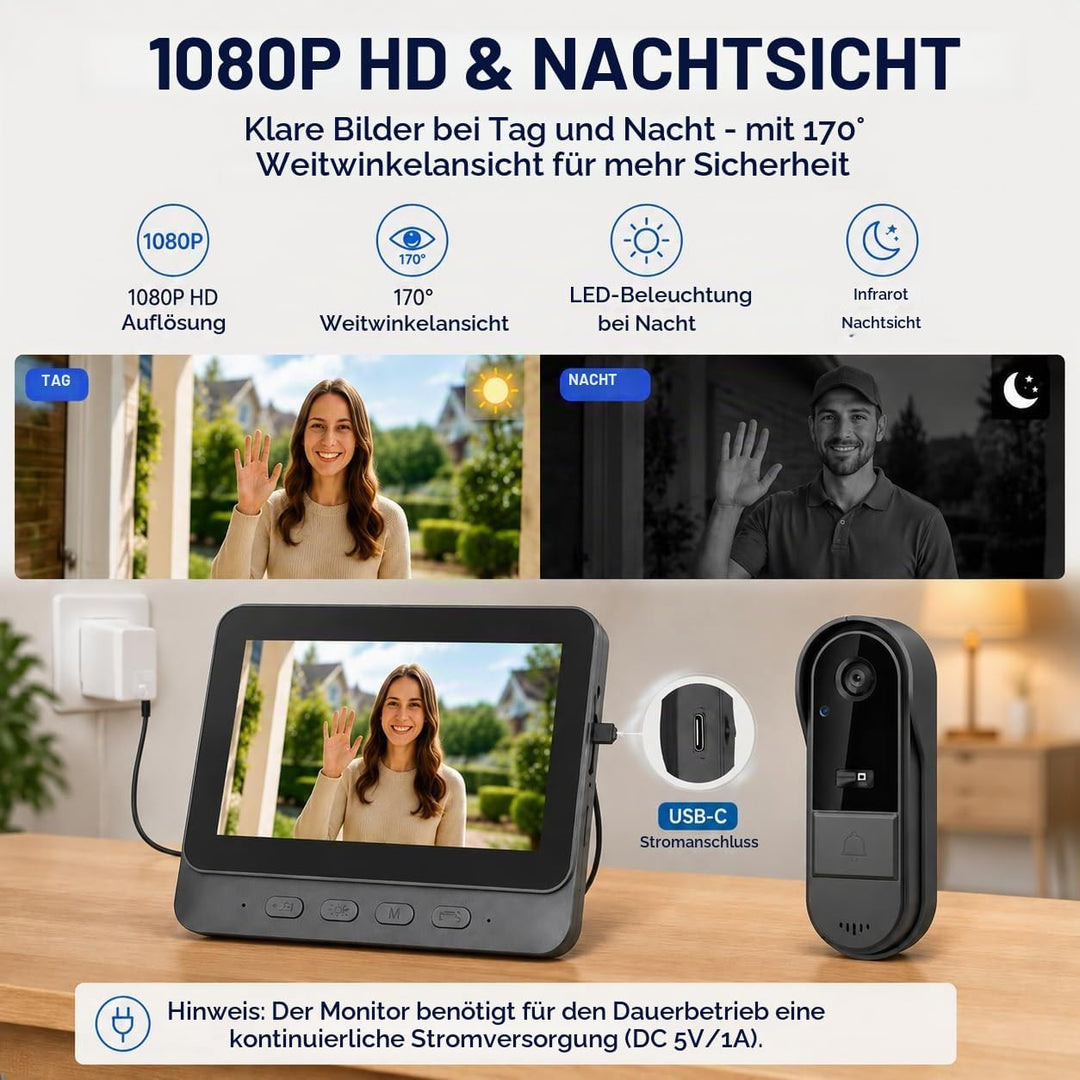 Winnes Kabellose Türklingel mit Kamera, Videotelefon, Bluetooth, mit IPS-Display von 4,3 Zoll, kabel