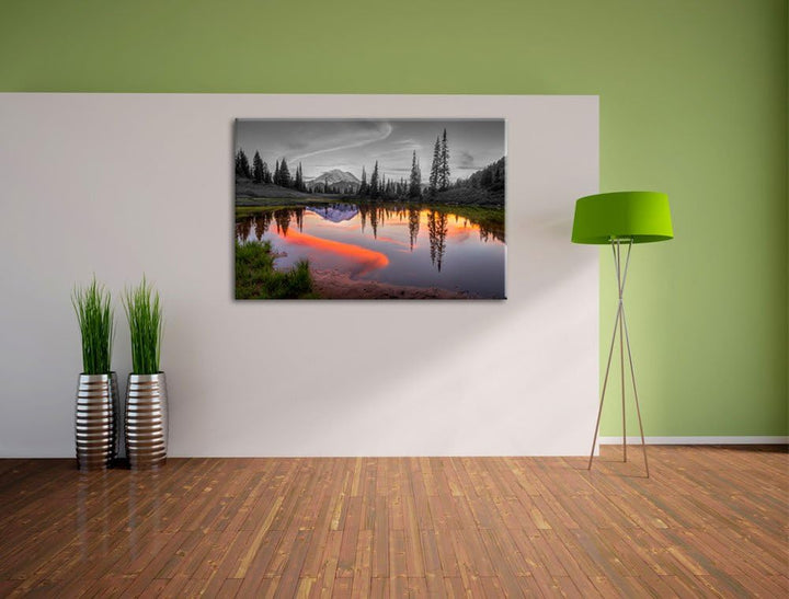 Sonnenaufgang an kleinem Bergsee schwarz/weiss Format: 100x70 auf Leinwand, XXL riesige Bilder ferti