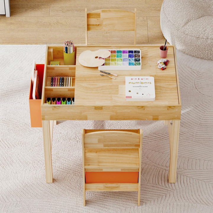 Kindertisch mit 2 Stühlen – Bausteine-Tisch aus Naturholz, Spieltisch mit Schublade & Stofftasche, H
