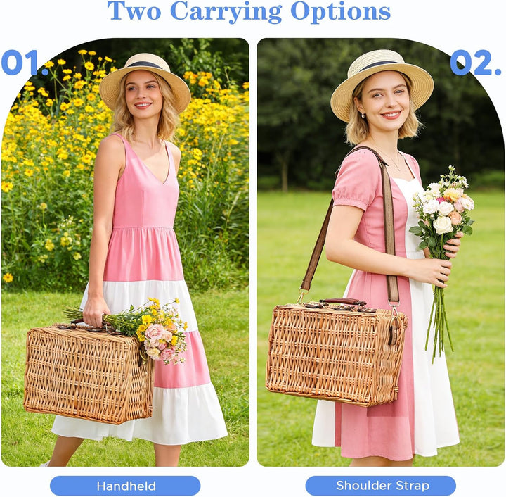 Wicker Picknickkorb für 2 Personen – Picknickkorb-Set mit Isolierfach,komplettem Geschirr &amp; Besteck,