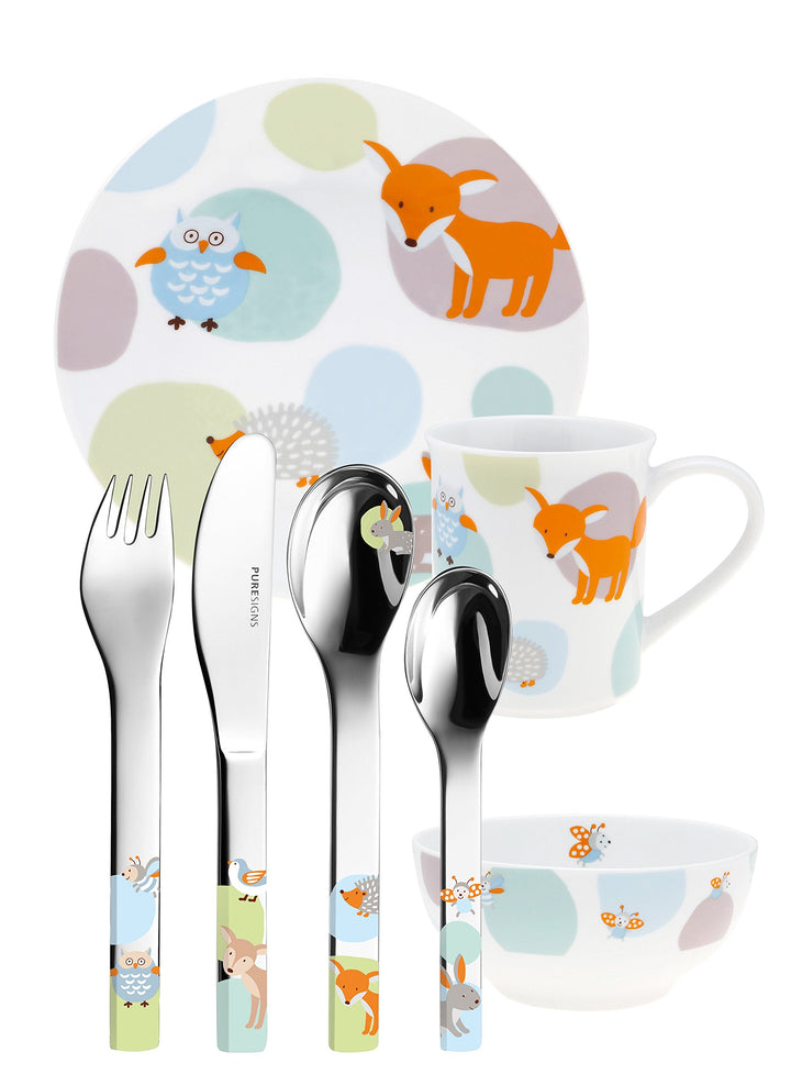 Puresigns WOODY Kindergeschirr Set 7-teilig - Edelstahl & Porzellan mit Waldtier-Motiven in Pastellf