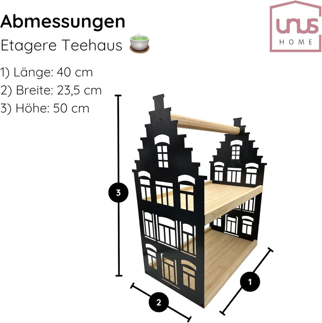 UNUS HOME Etagere Teehaus, 2 Etagen mit Griff, für Tee und Kaffee, Tablett aus Bambus Holz, Gestell