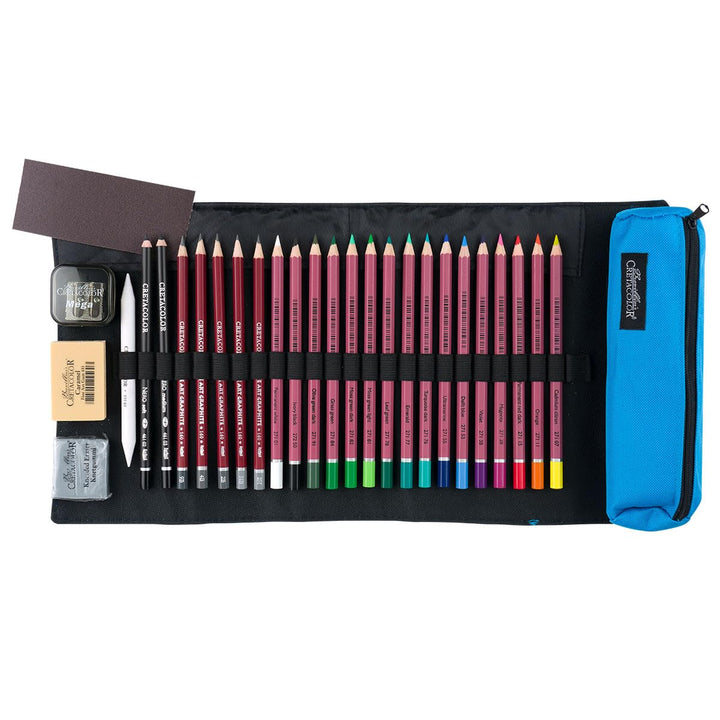 Cretacolor Künstler-Set Frühlingsedition | inkl. blauem Rolletui | limiterte Auflage | 29-Teile, Mit