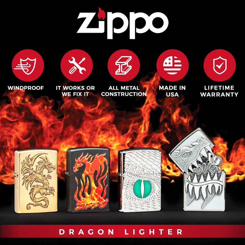 Zippo Feuerzeug 2002545 Dragon 3D Emblem Benzinfeuerzeug, Messing, Brushed Chrome, 1 x 3,5 x 5,5 cm