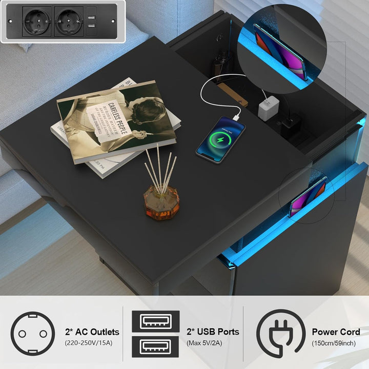Lvhcmfohm Nachttisch Schwarz 2er Set, Nachtschrank mit Led Licht und Steckdose, Nachtkommode mit 3 S