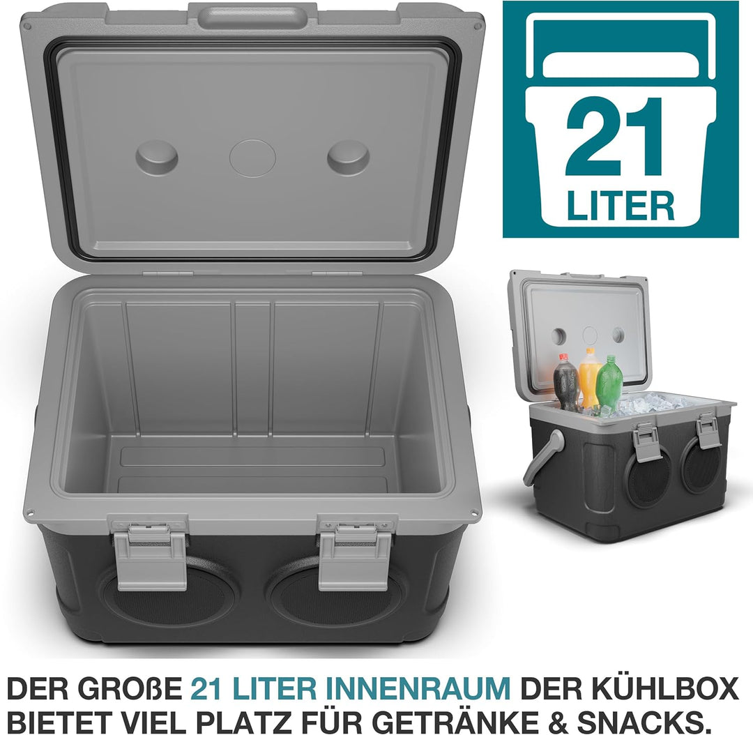 TOM 3in1 Musik Kühlbox 21l zum Kühlen, Warmhalten und Musik hören – mit Bluetooth Lautsprecher – Küh