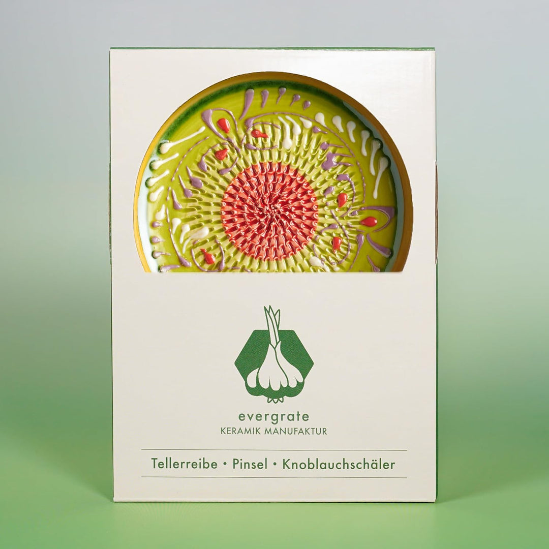 Evergrate® Keramikreibe Diego mit Geschenkbox – mit Reibe, Knoblauchschäler, Rezeptheft & Pinsel – H