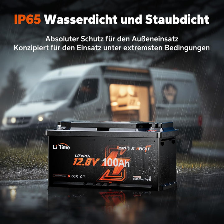 LiTime 12V 100Ah LiFePO4 Bluetooth H190 Lithium Battery für Wohnmobil in DIN H8 L5 Grösse, 15000-Zyk