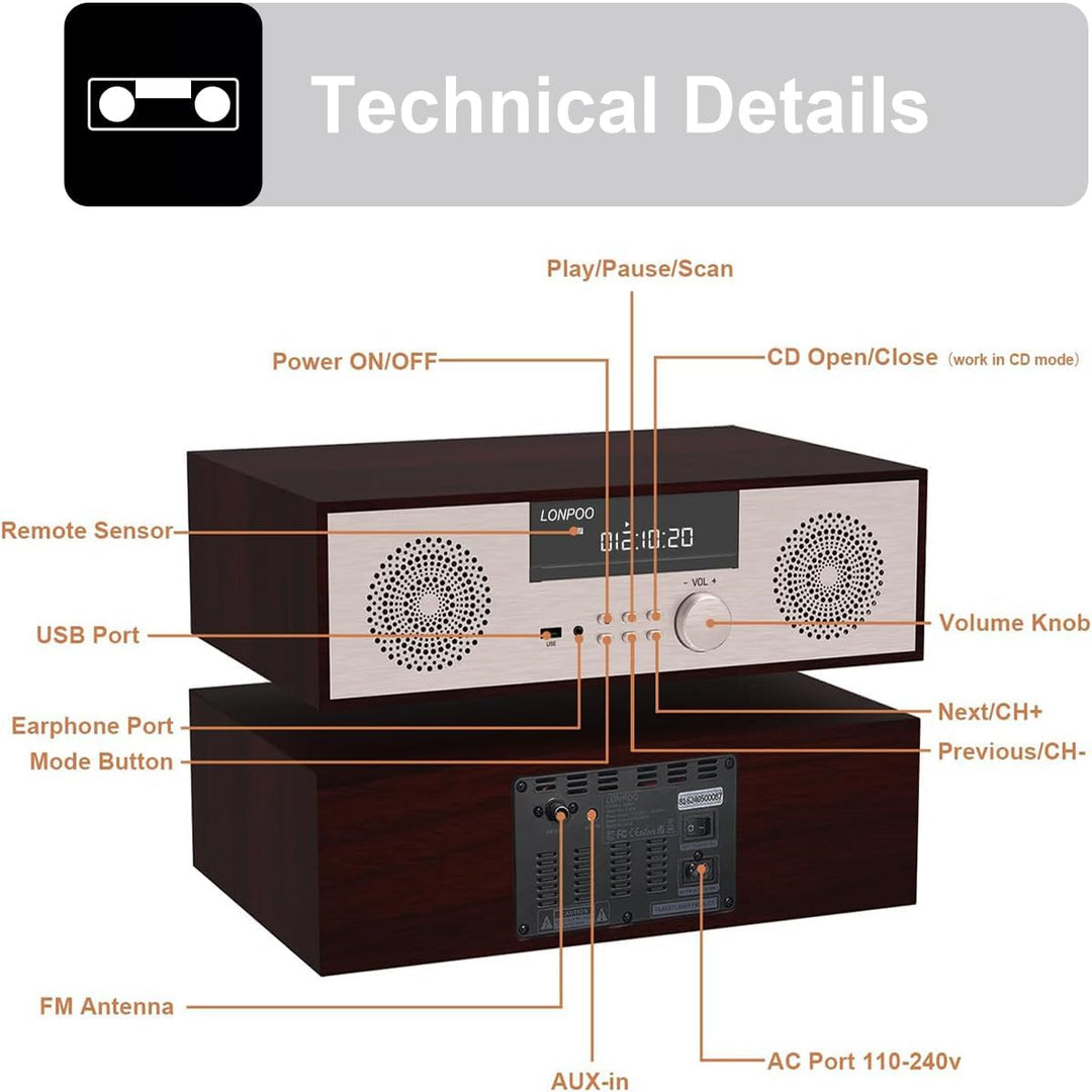 LONPOO Stereo System for Home with CD Player，40W Home Stereo System CD Player with Speakers Bluetoot