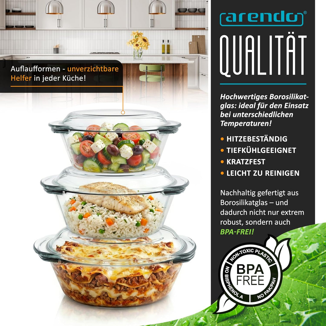 Arendo - Auflaufform mit Deckel und Griffen – 3er Set – Borosilikatglas – 3 Grössen 1000ml 1500ml 20