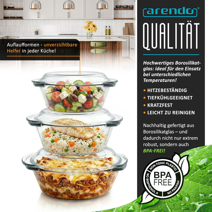 Arendo - Auflaufform mit Deckel und Griffen – 3er Set – Borosilikatglas – 3 Grössen 1000ml 1500ml 20