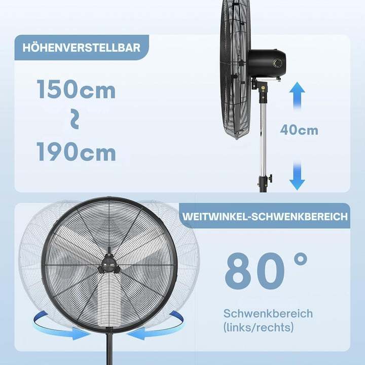 LEADZM Industrieventilator 80cm 14000m³/h 80° Oszillation | Höhenverstellbar, 3 Stufen starker Lufts
