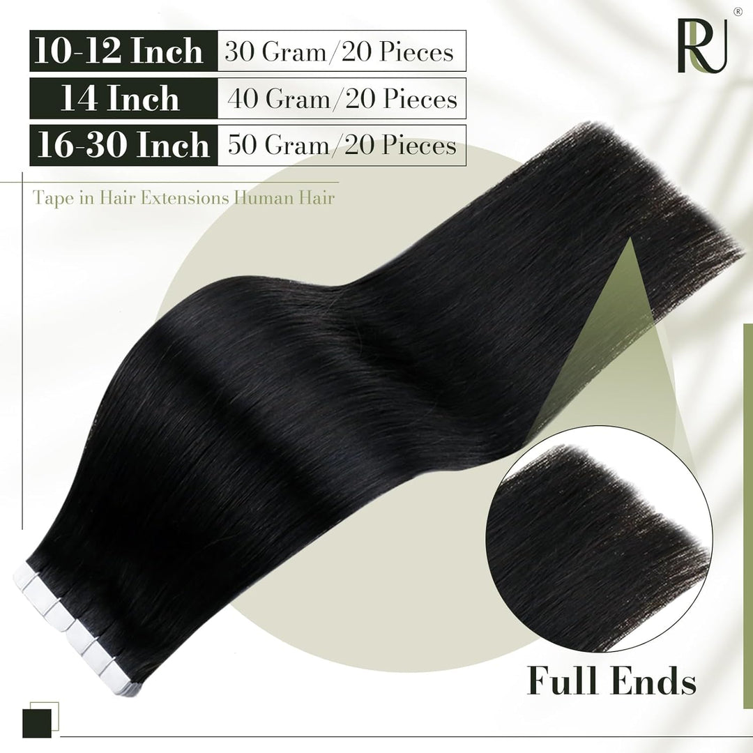 RUNATURE Tape in Extensions Schwarz 30cm Seamless Invisible Haarverlängerung 20 Stück 30g #1 30.48 c