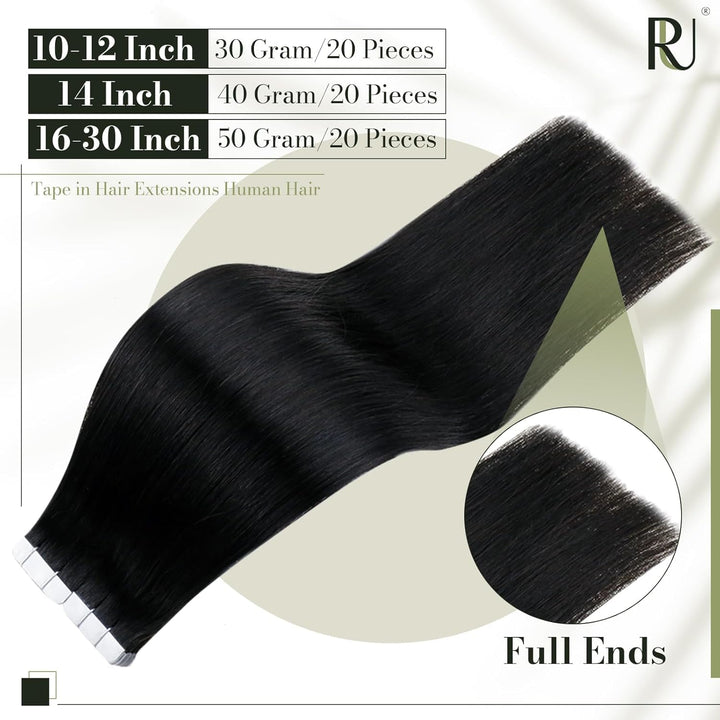 RUNATURE Tape in Extensions Schwarz 30cm Seamless Invisible Haarverlängerung 20 Stück 30g #1 30.48 c