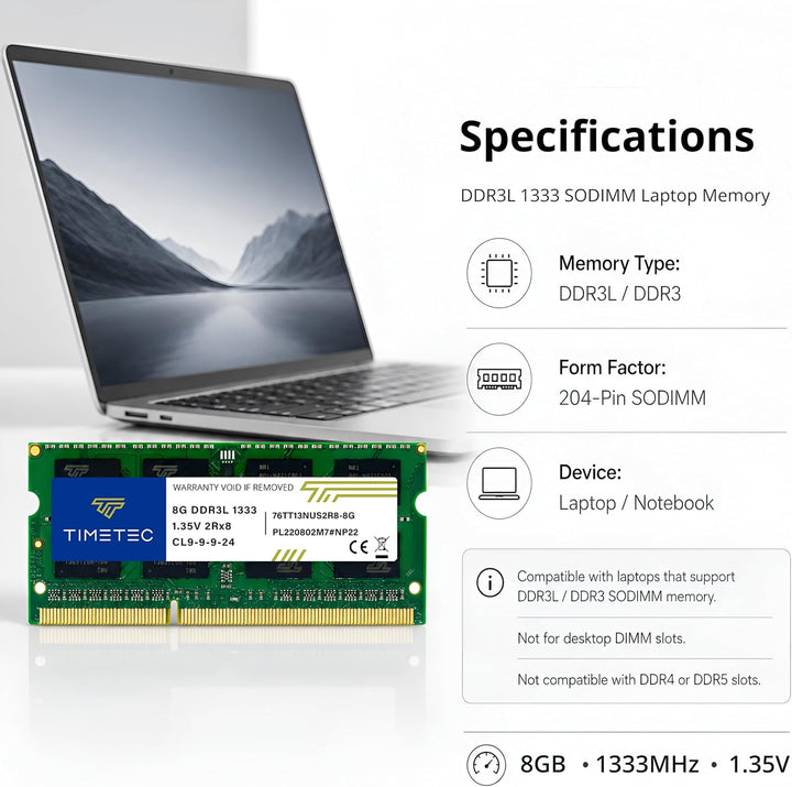 Timetec 32GB KIT(4x8GB) DDR3 / DDR3L 1333 MHz PC3-10600 Non-ECC Ungepuffert 1,5 V / 1,35 V CL9 2Rx8