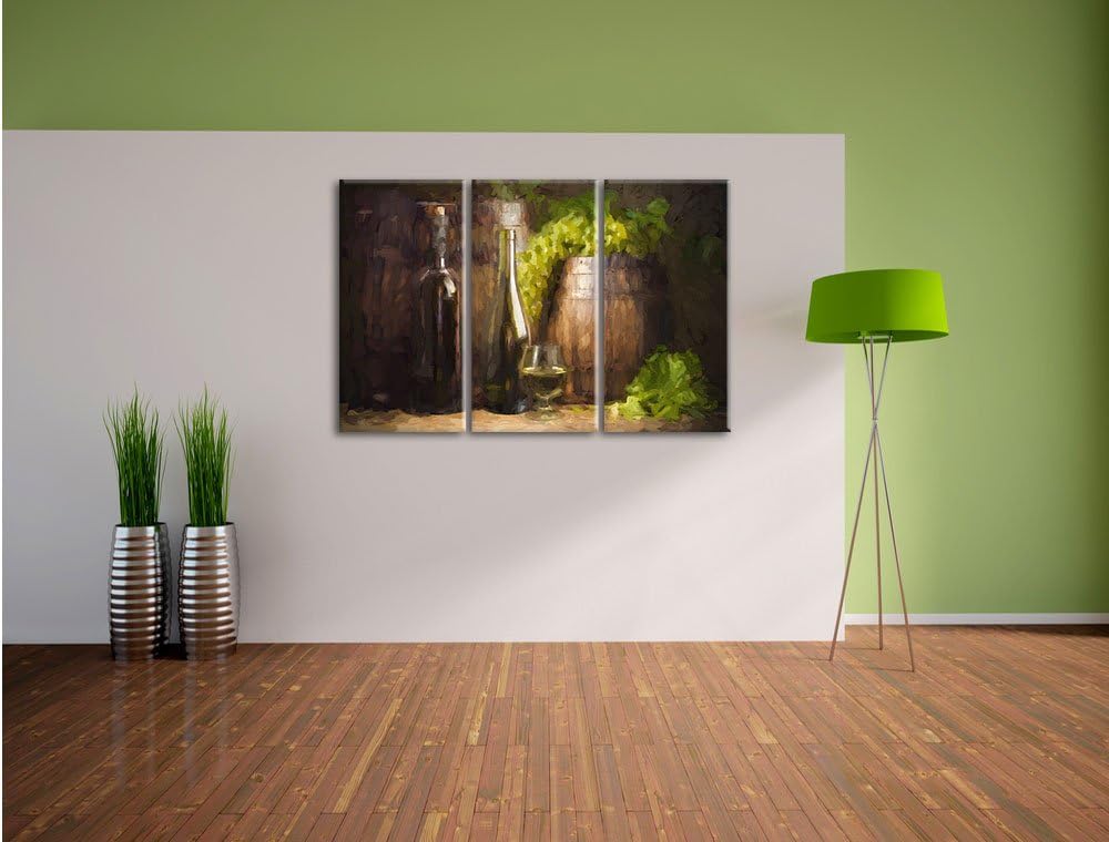 Pixxprint Fässer mit Weintrauben und Wein als Leinwandbild/Grösse: 3 Teilig (120x80) cm/Wandbild/Kun