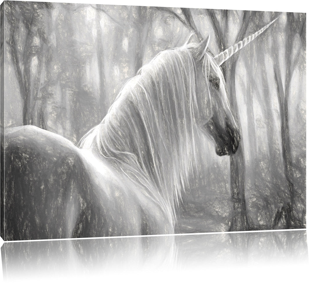 Pixxprint Einhorn im Wald / 100x70cm Leinwandbild bespannt auf Holzrahmen/Wandbild Kunstdruck Dekora