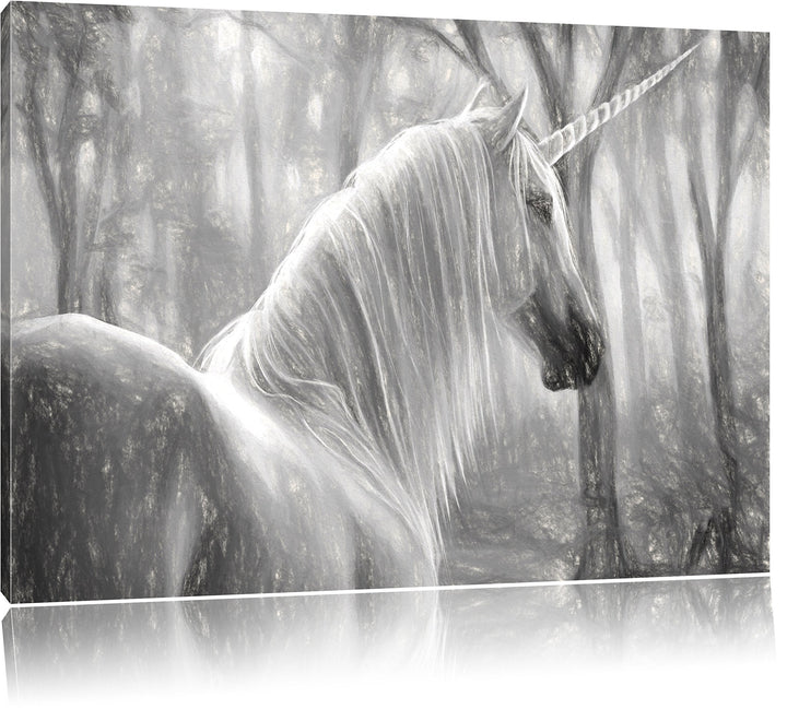 Pixxprint Einhorn im Wald / 100x70cm Leinwandbild bespannt auf Holzrahmen/Wandbild Kunstdruck Dekora