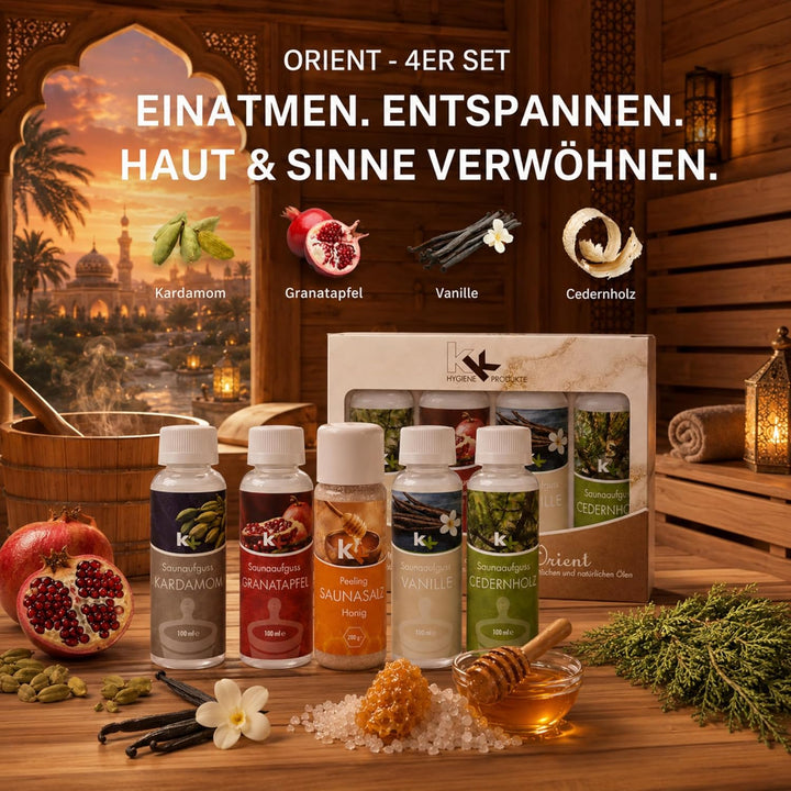 KK Sauna -Set mit Salz Peeling | KK Saunaaufgussset"Orient" 4 x 100 ml + 200 g KK Saunasalz"Honig" |