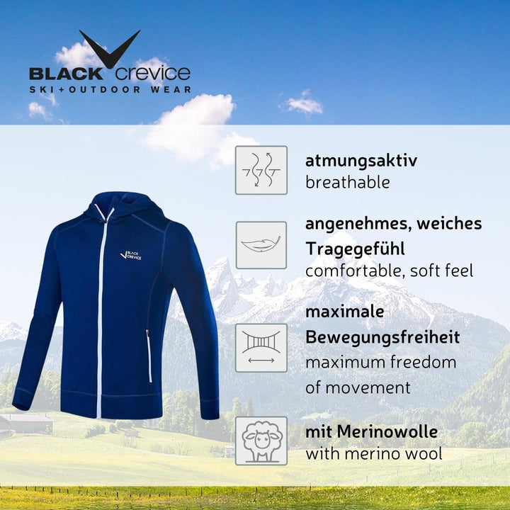Black Crevice Herren Merino Kapuzenjacke I Hochwertige Merino-Jacke I Jacke für Herren aus 70% Merin