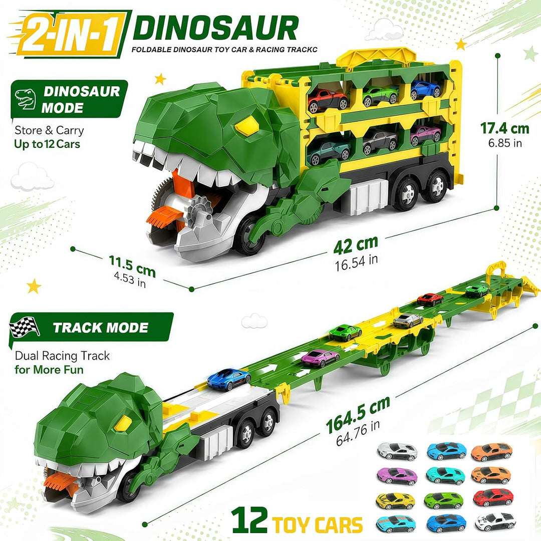 2-in-1 Dino Transporter Truck mit 12 Spielzeugautos 164.5 cm Rennstrecke | Ausklappbares Dinosaurier