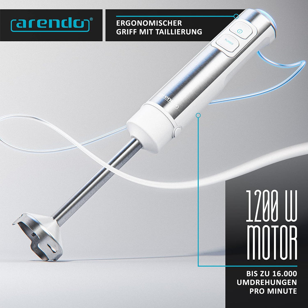 Arendo - Stabmixer Edelstahl 1200 Watt Set - DC Motor - inkl. 800 ml Messbecher + Schneebesen - 2 Ge