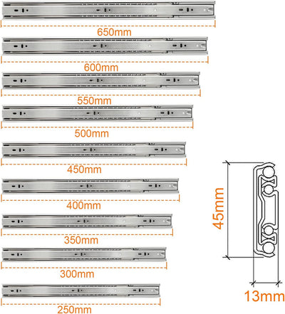 Lospitch 1 Paar Schubladenschienen, 600mm 3-Fach Vollauszug Kugellagerführungen Stabil Schubladenaus